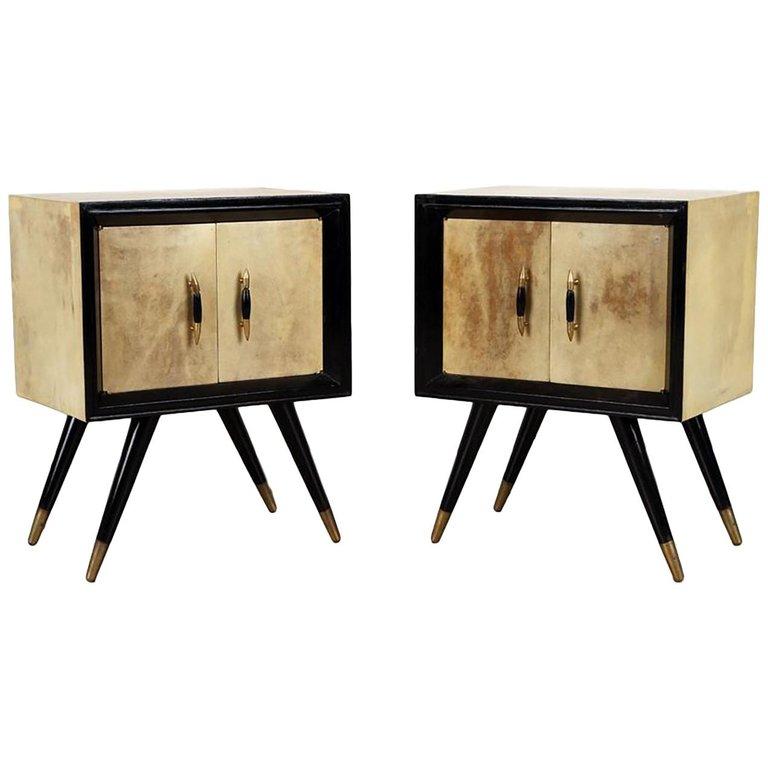 Pair of Mid-Century Modern Ebonized Wood and Parchment Side Cabinets