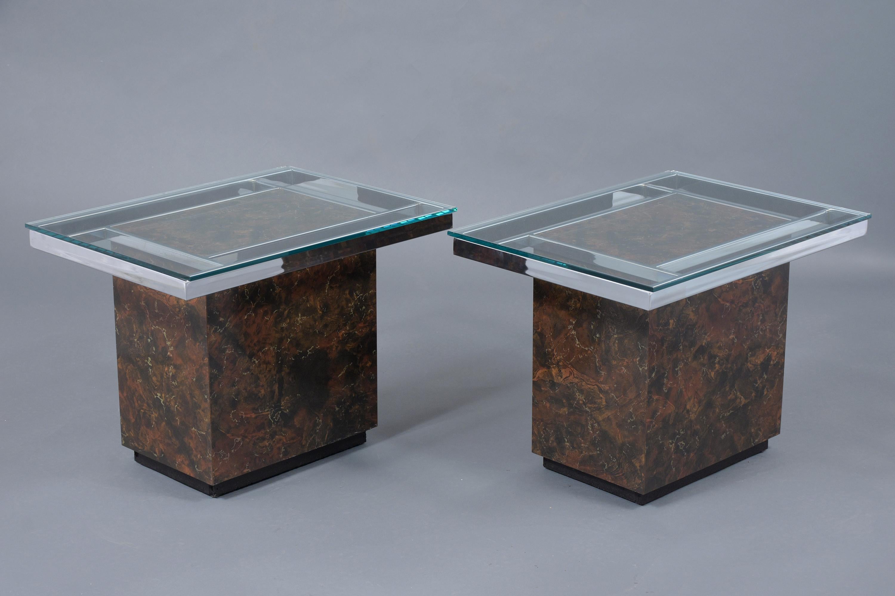 Mid-Century Modern Steel & Formica Side Tables with Glass Tops In Good Condition In Los Angeles, CA