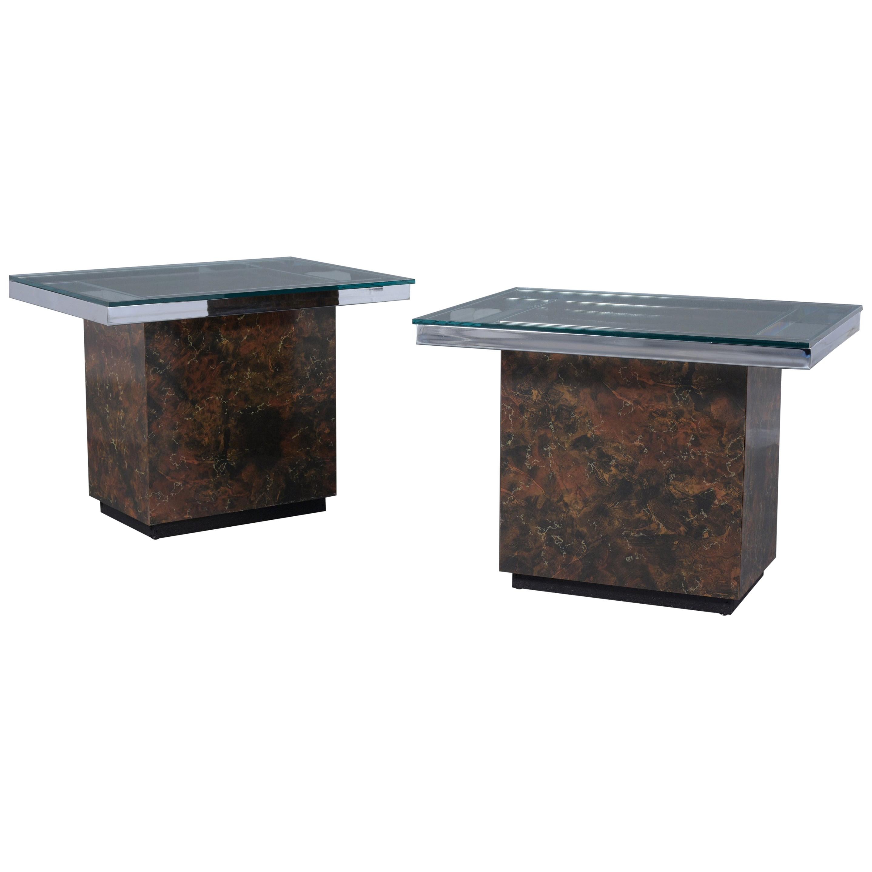 Pair Mid-Century Modern Glass Top Side Tables