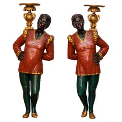 Pair Mid-Century Modern Figural Carved Wood Gilded Polychrome Blackamoor Figures