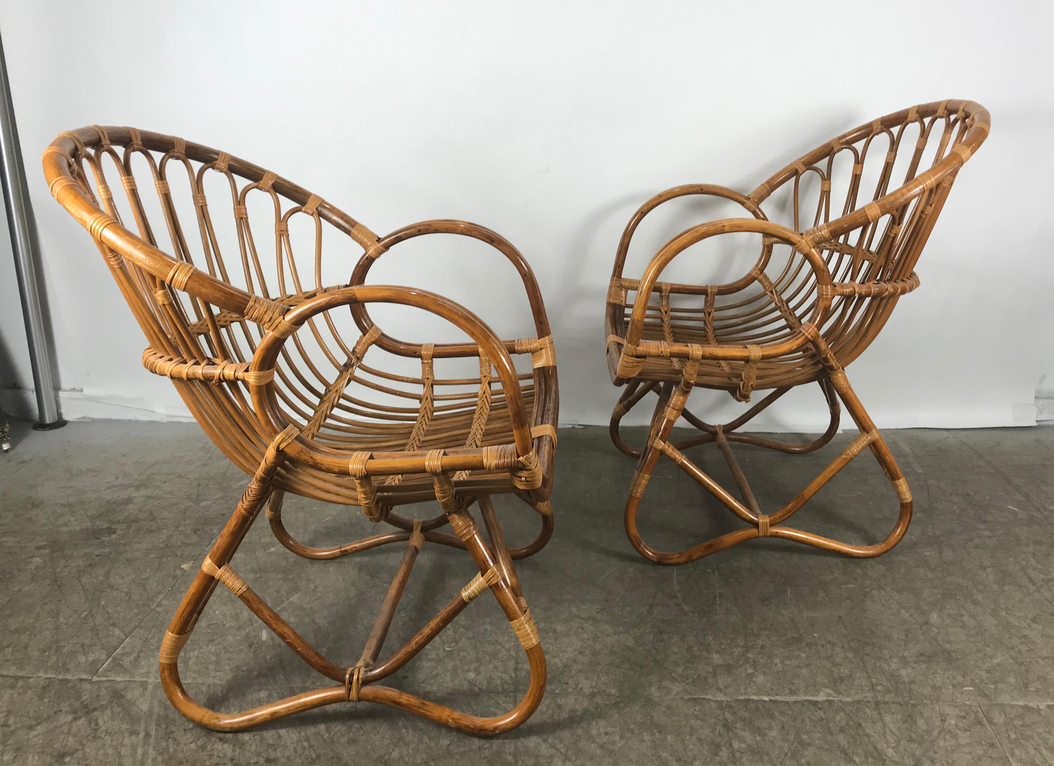 American Pair of Mid-Century Modern after Franco Albini Bamboo or Rattan Lounge Chairs