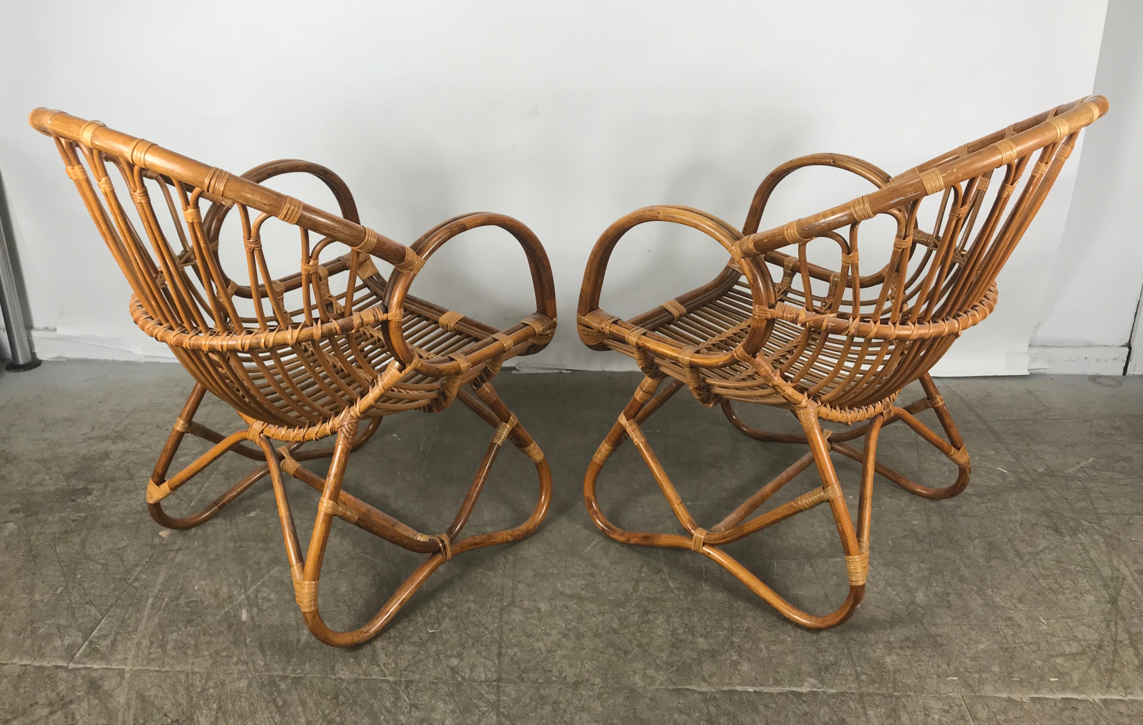 Pair of Mid-Century Modern after Franco Albini Bamboo or Rattan Lounge Chairs In Good Condition In Buffalo, NY