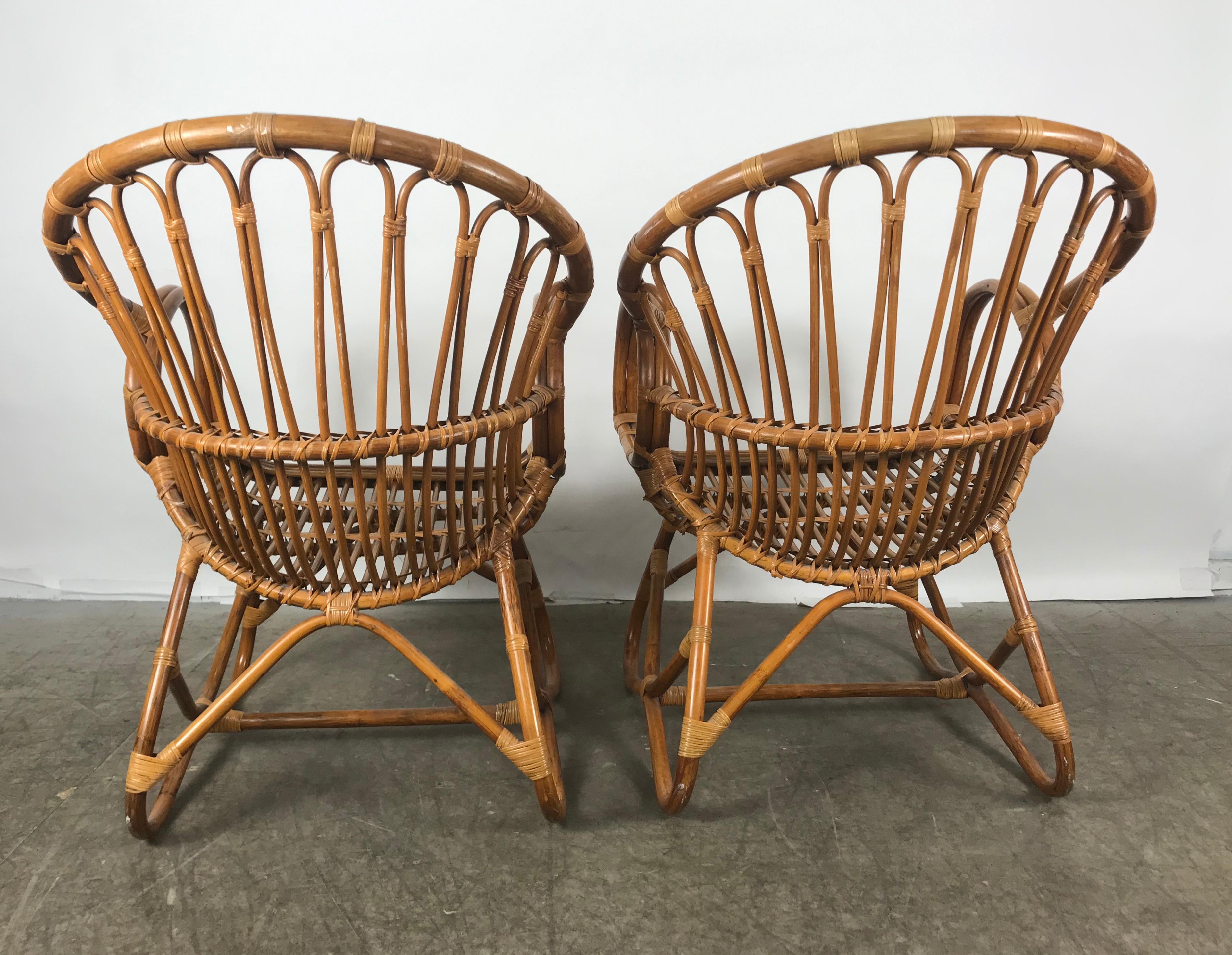 Pair of Mid-Century Modern after Franco Albini Bamboo or Rattan Lounge Chairs 1