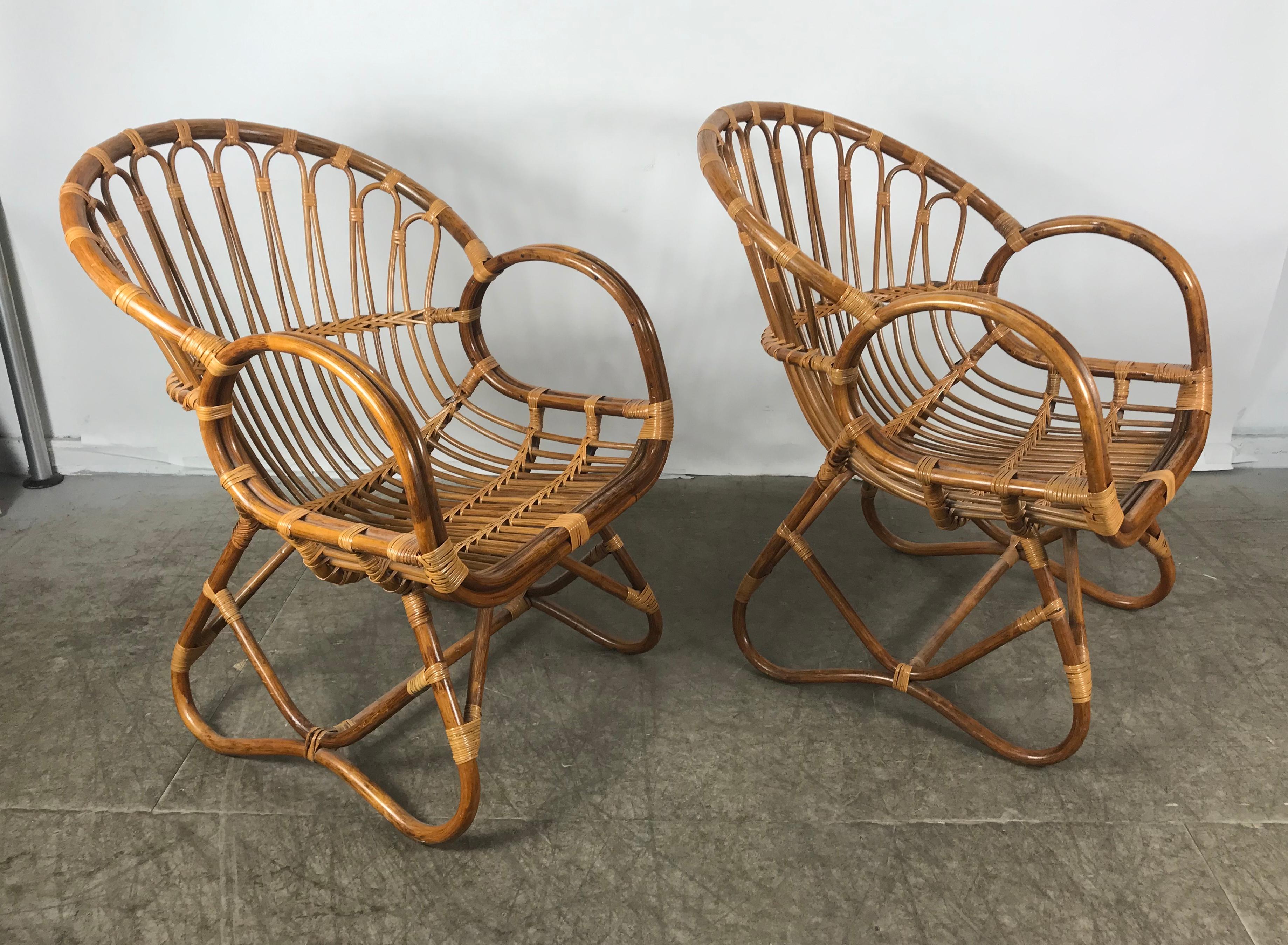 Pair of Mid-Century Modern after Franco Albini Bamboo or Rattan Lounge Chairs 2