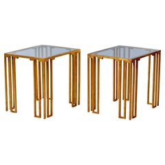 Pair Mid Century Modern French Gilt Iron and Glass Side Tables