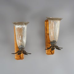 Pair Mid-Century Modern French Style Fleur-de-lis Crackled Glass Wall Sconces