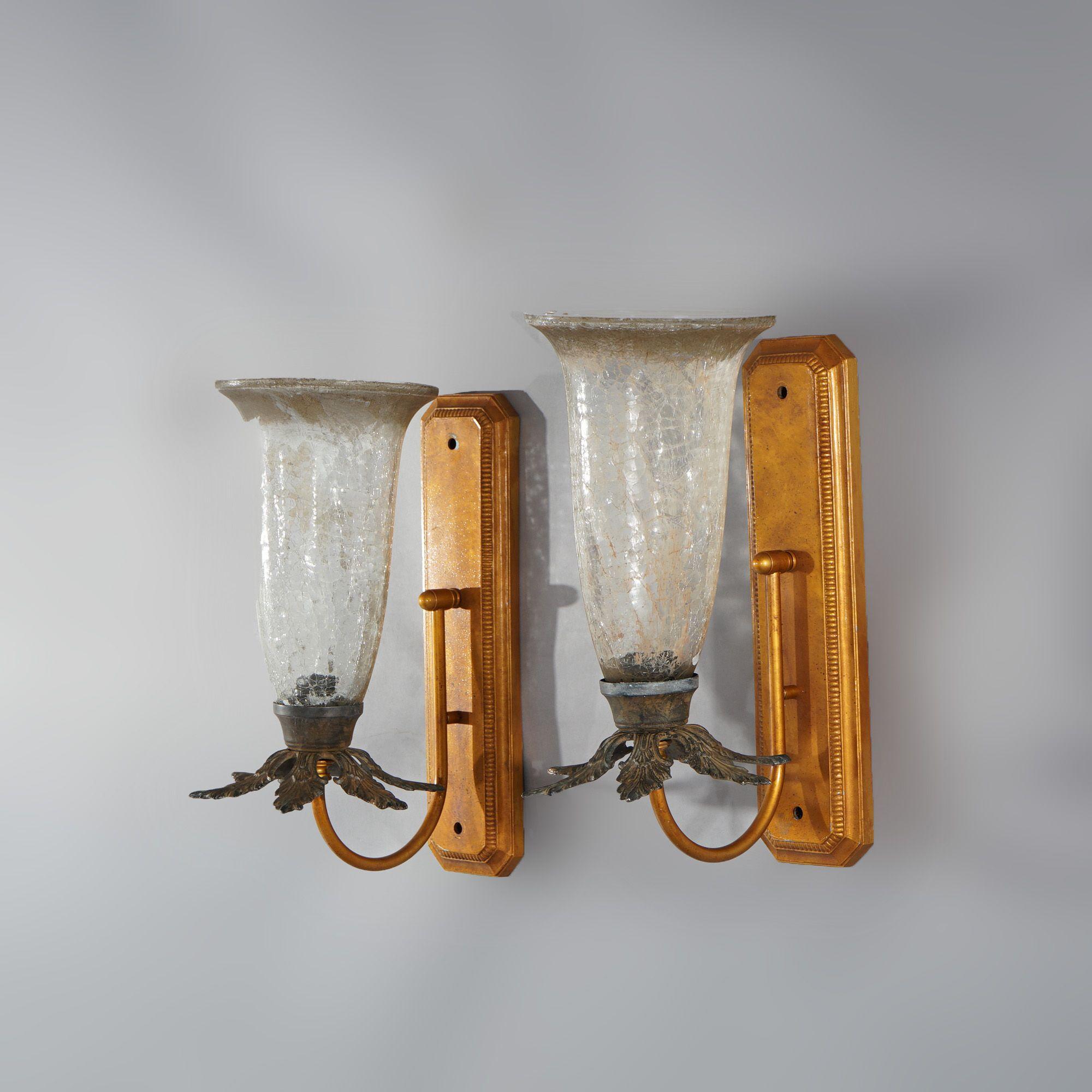 American Pair Mid-Century Modern French Style Fleur-de-lis Crackled Glass Wall Sconces For Sale