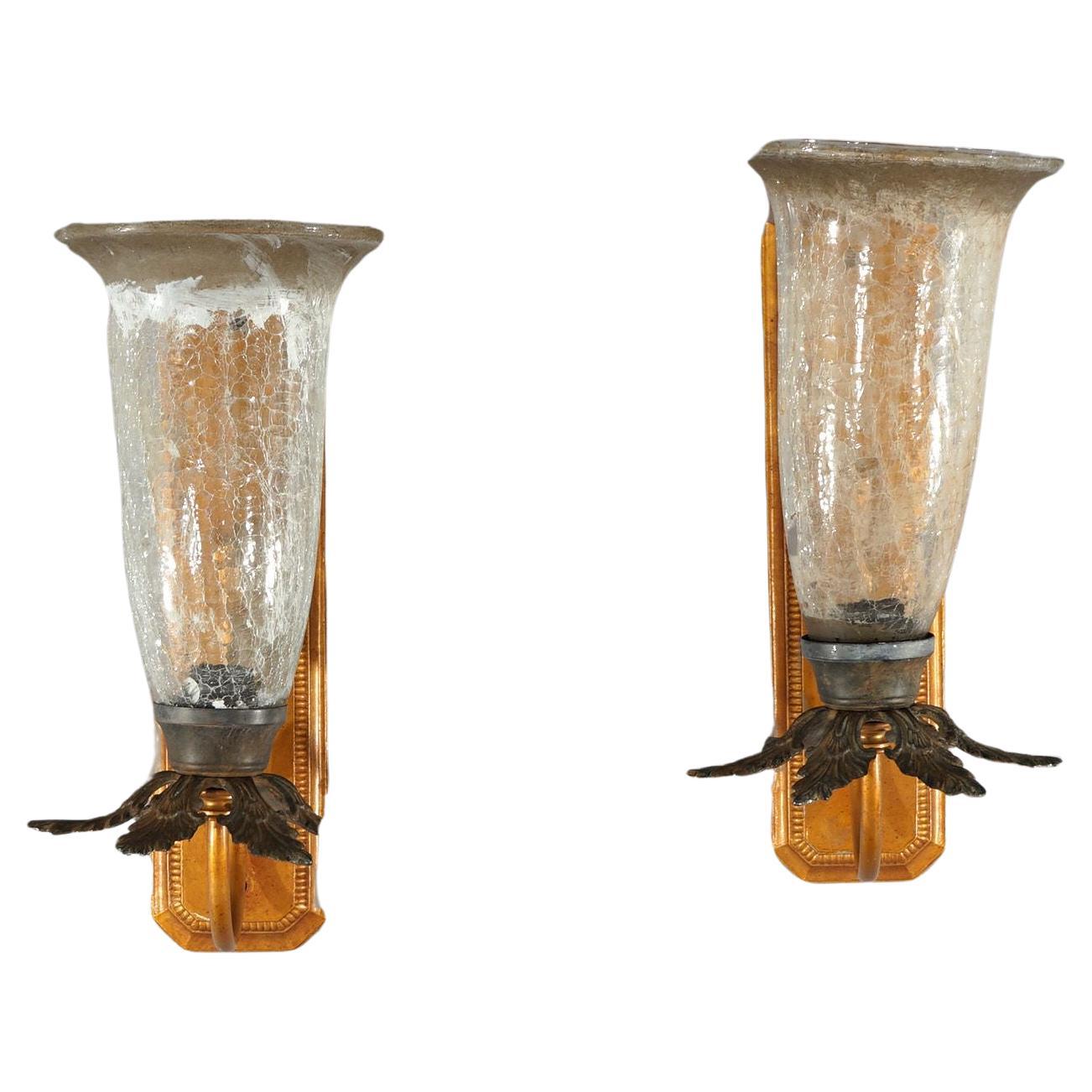 Pair Mid-Century Modern French Style Fleur-de-lis Crackled Glass Wall Sconces For Sale