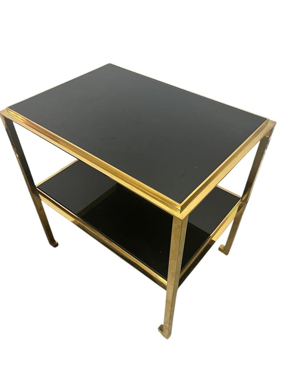 Mid-Century Modern Pair Mid Century Modern Gilt Two -Tiered End Tables with Black Glass For Sale