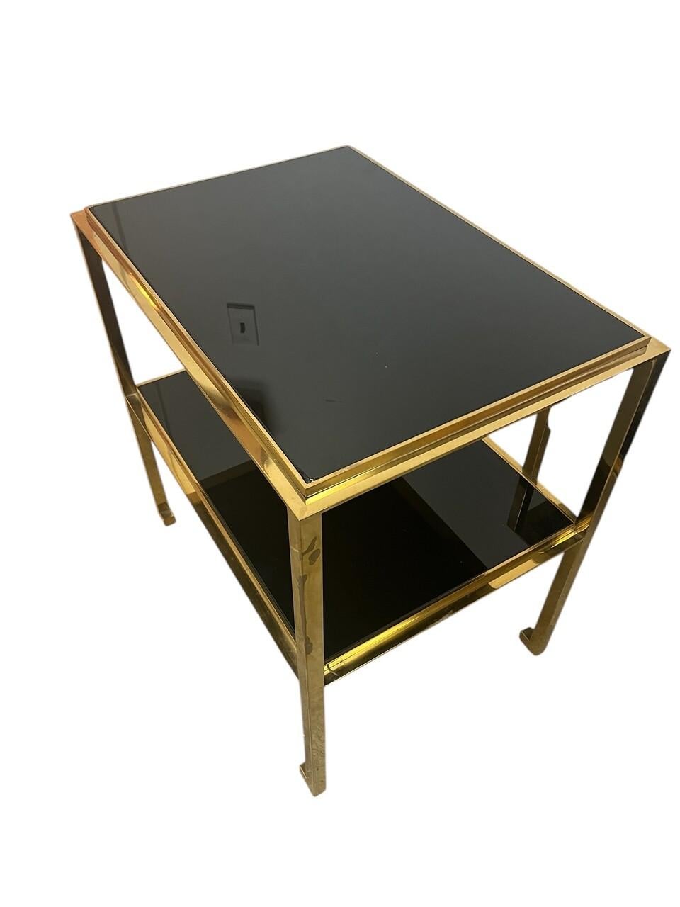 American Pair Mid Century Modern Gilt Two -Tiered End Tables with Black Glass For Sale