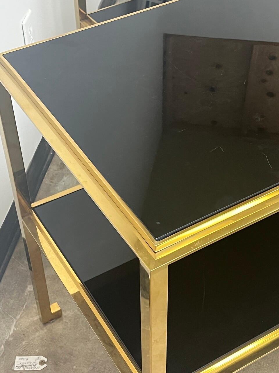 Brass Pair Mid Century Modern Gilt Two -Tiered End Tables with Black Glass For Sale
