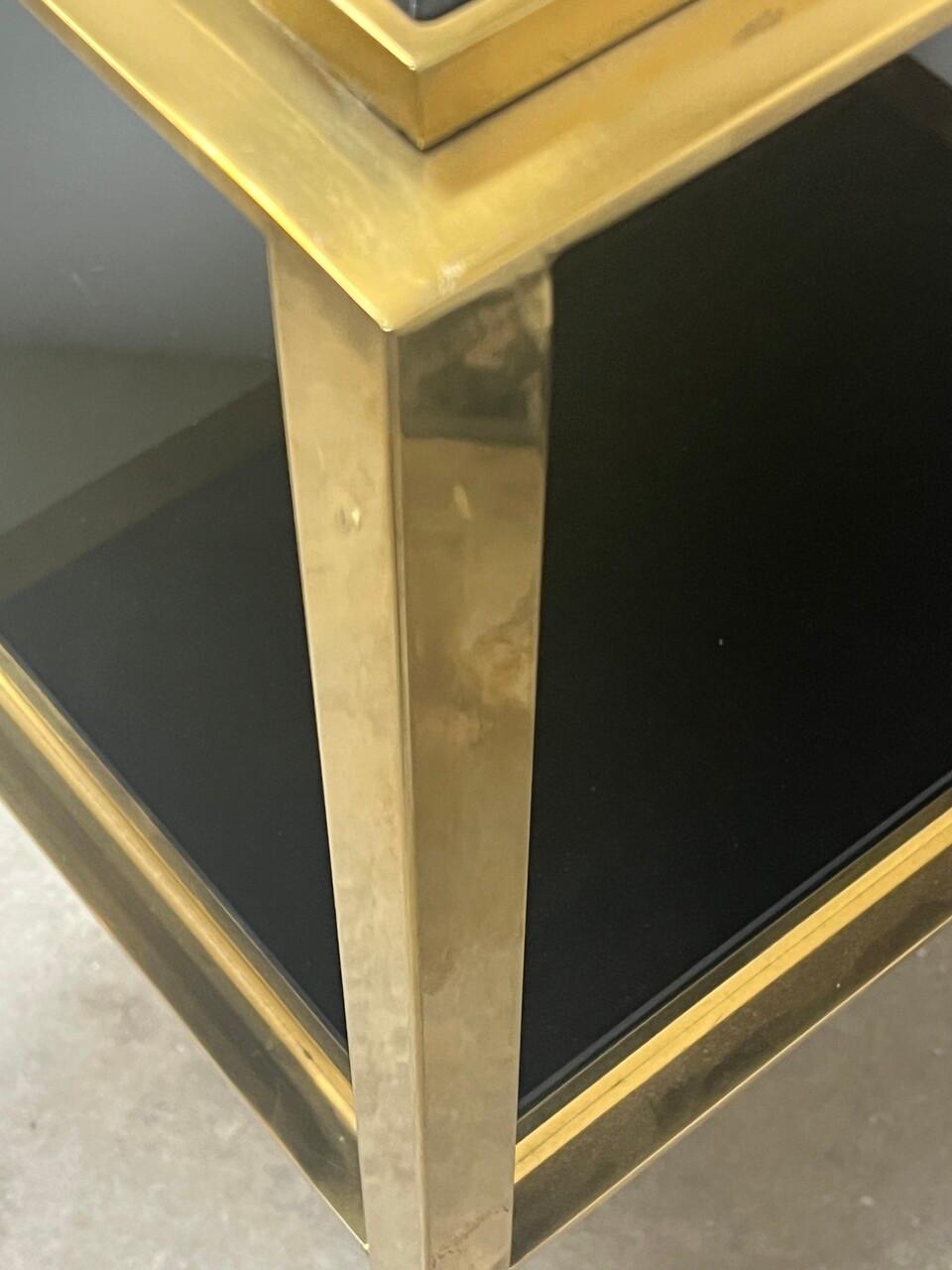 Pair Mid Century Modern Gilt Two -Tiered End Tables with Black Glass For Sale 1