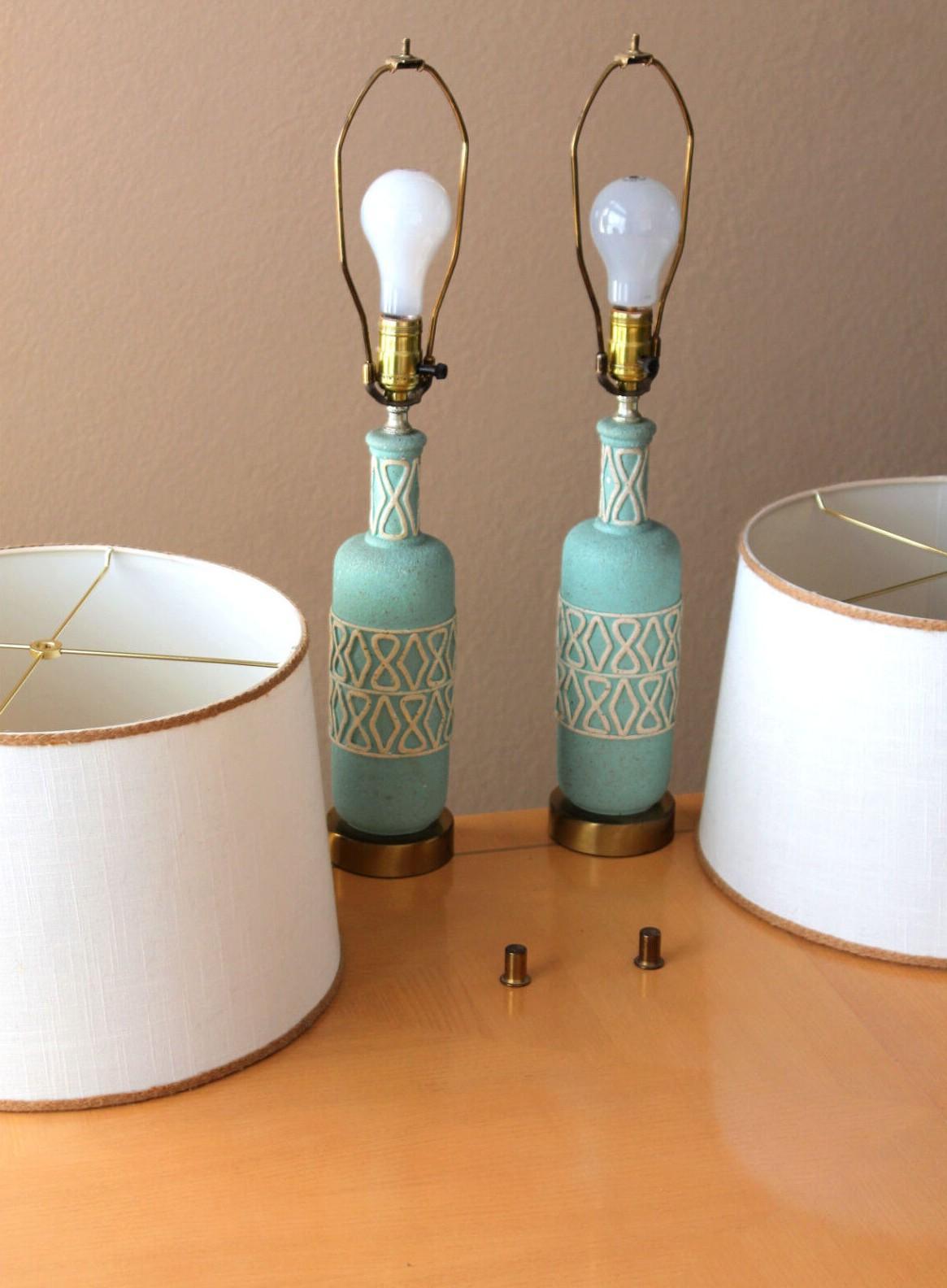 20th Century Pair! Mid Century Modern Greek Amphora Plaster Lamps Baby Blue & White 1950s MCM For Sale
