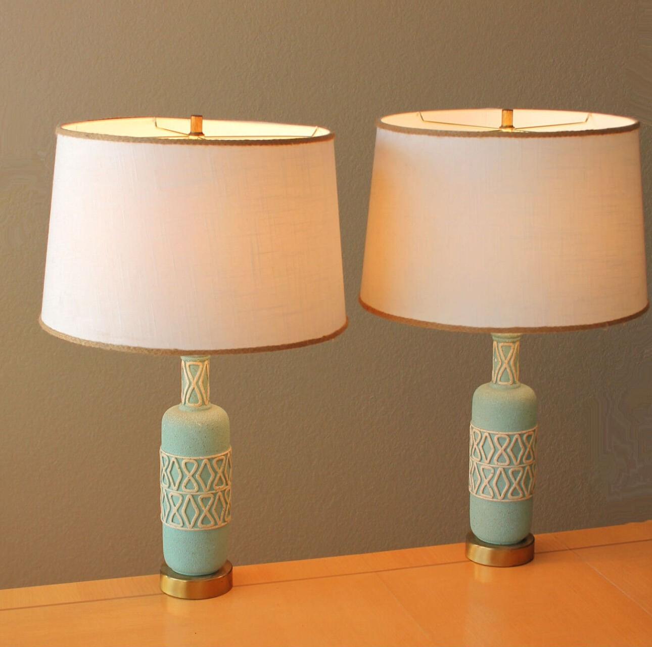 Pair! Mid Century Modern Greek Amphora Plaster Lamps Baby Blue & White 1950s MCM For Sale 1