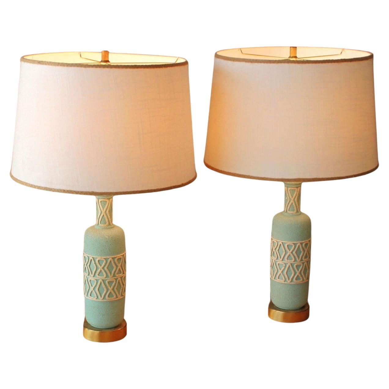 Pair! Mid Century Modern Greek Amphora Plaster Lamps Baby Blue & White 1950s MCM For Sale