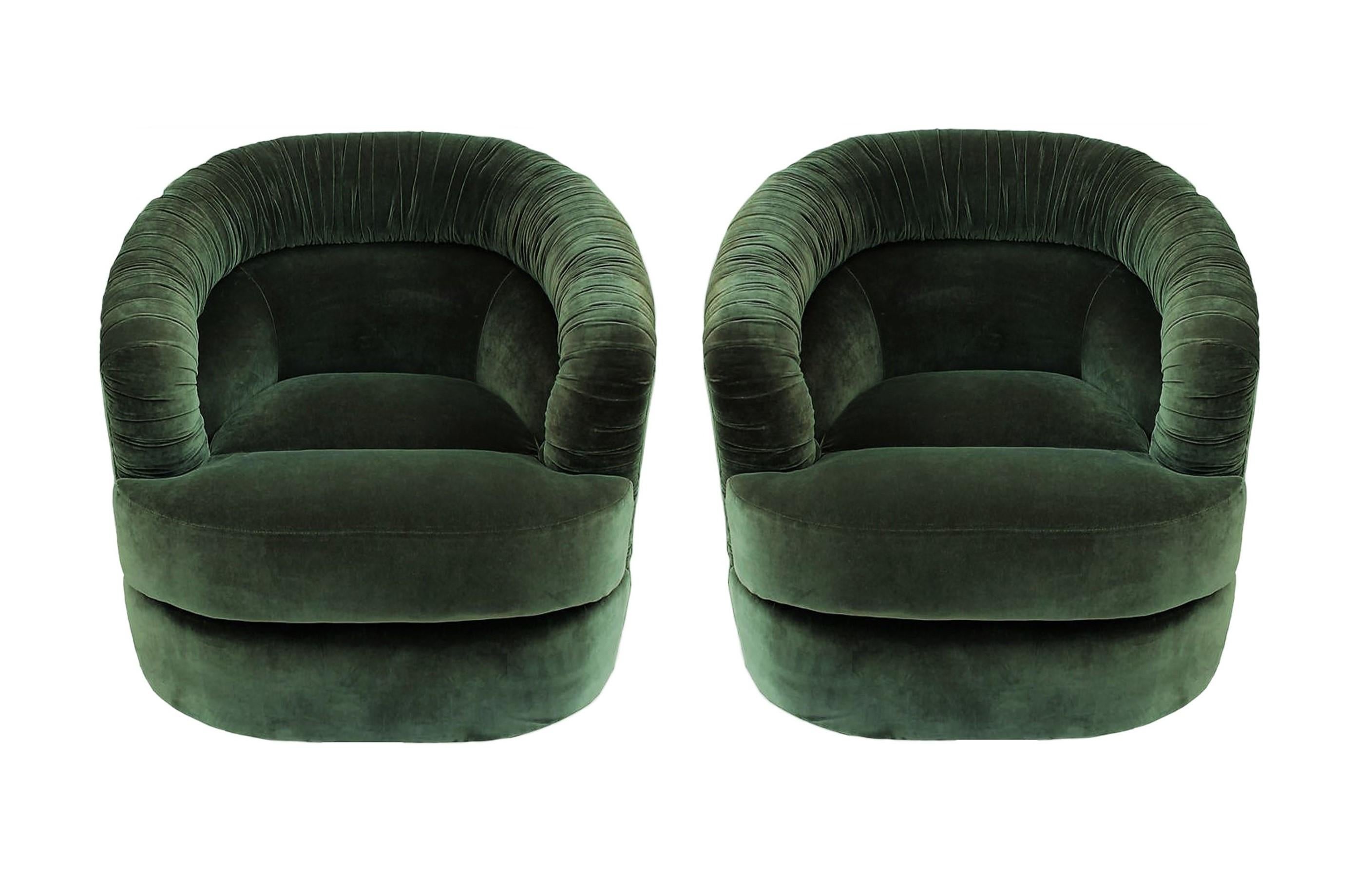 American Pair Mid-Century Modern Green Ruched Barrel Back Swivel Chairs