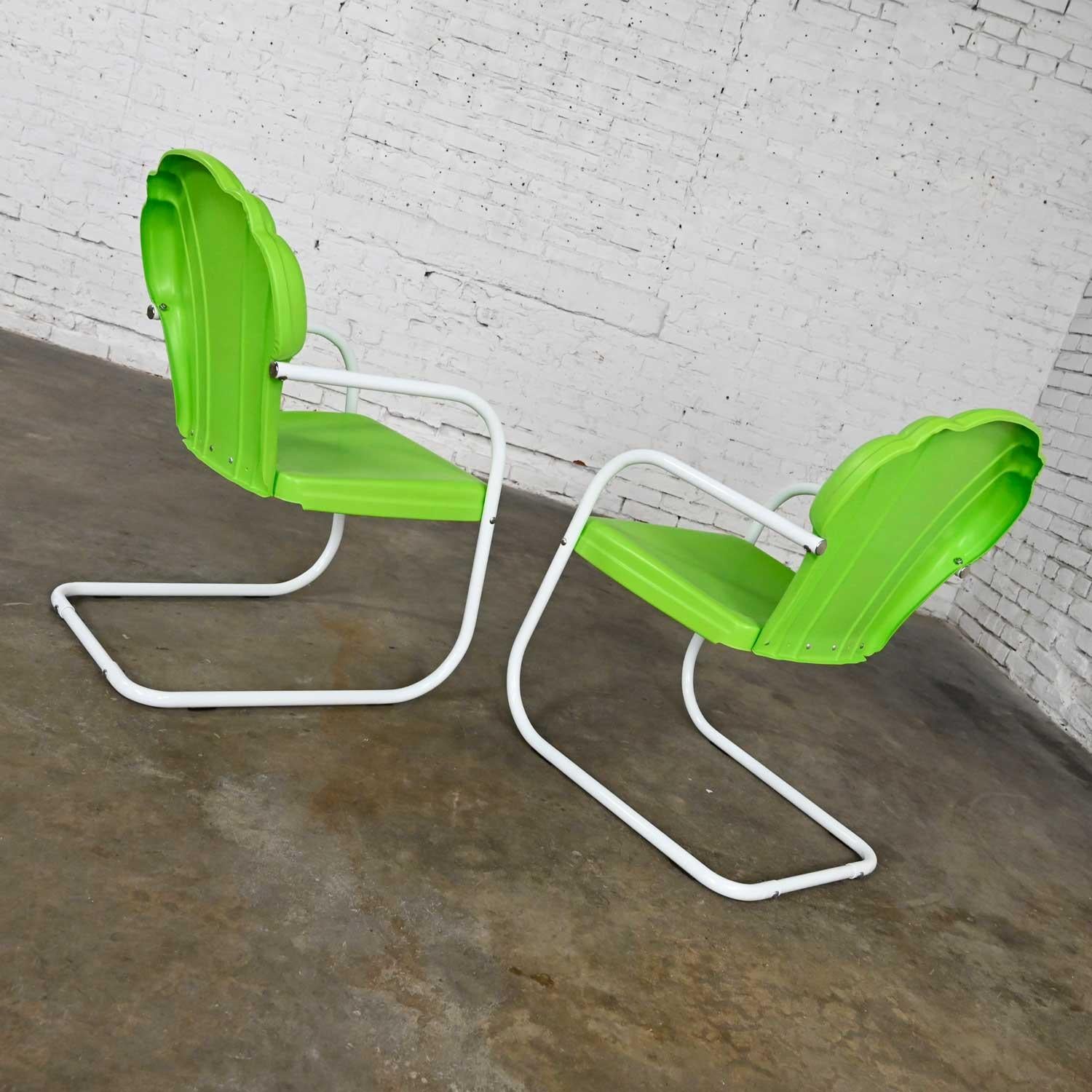 Unknown Pair Mid-Century Modern Green & White Metal Outdoor Cantilever Springer Chairs