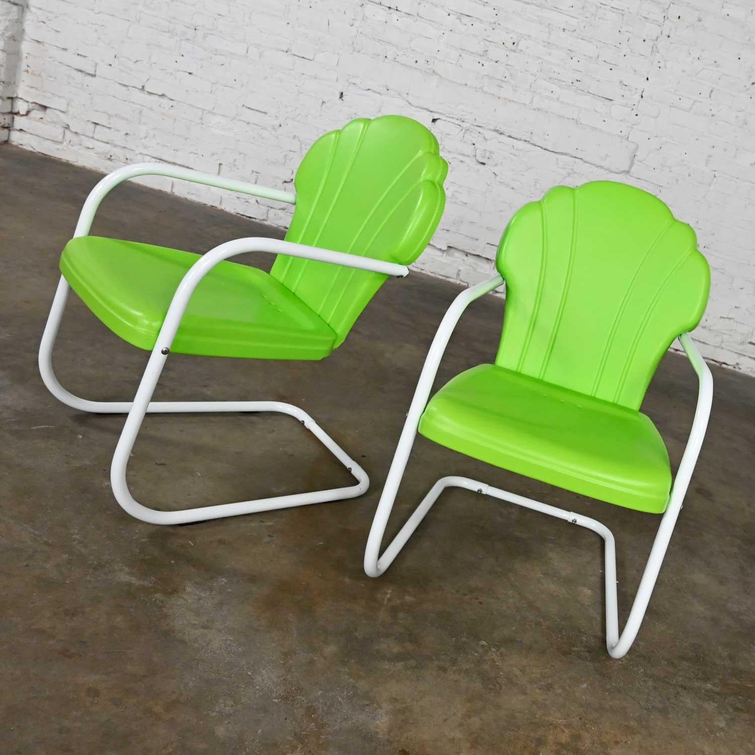 Pair Mid-Century Modern Green & White Metal Outdoor Cantilever Springer Chairs 1