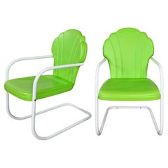Pair Mid-Century Modern Green & White Metal Outdoor Cantilever Springer Chairs