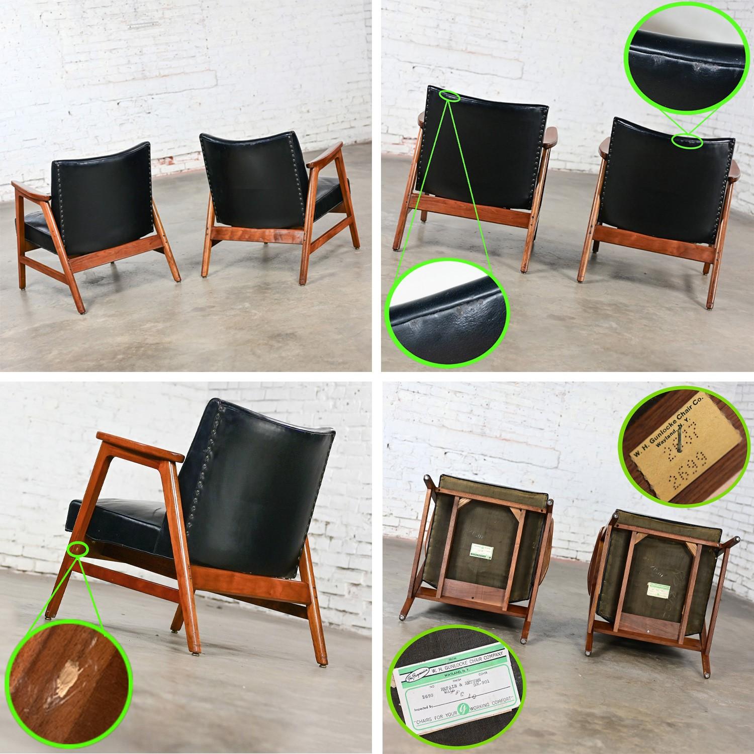 Pair Mid Century Modern Gunlocke Armchairs Black Leather with Walnut Frames 8