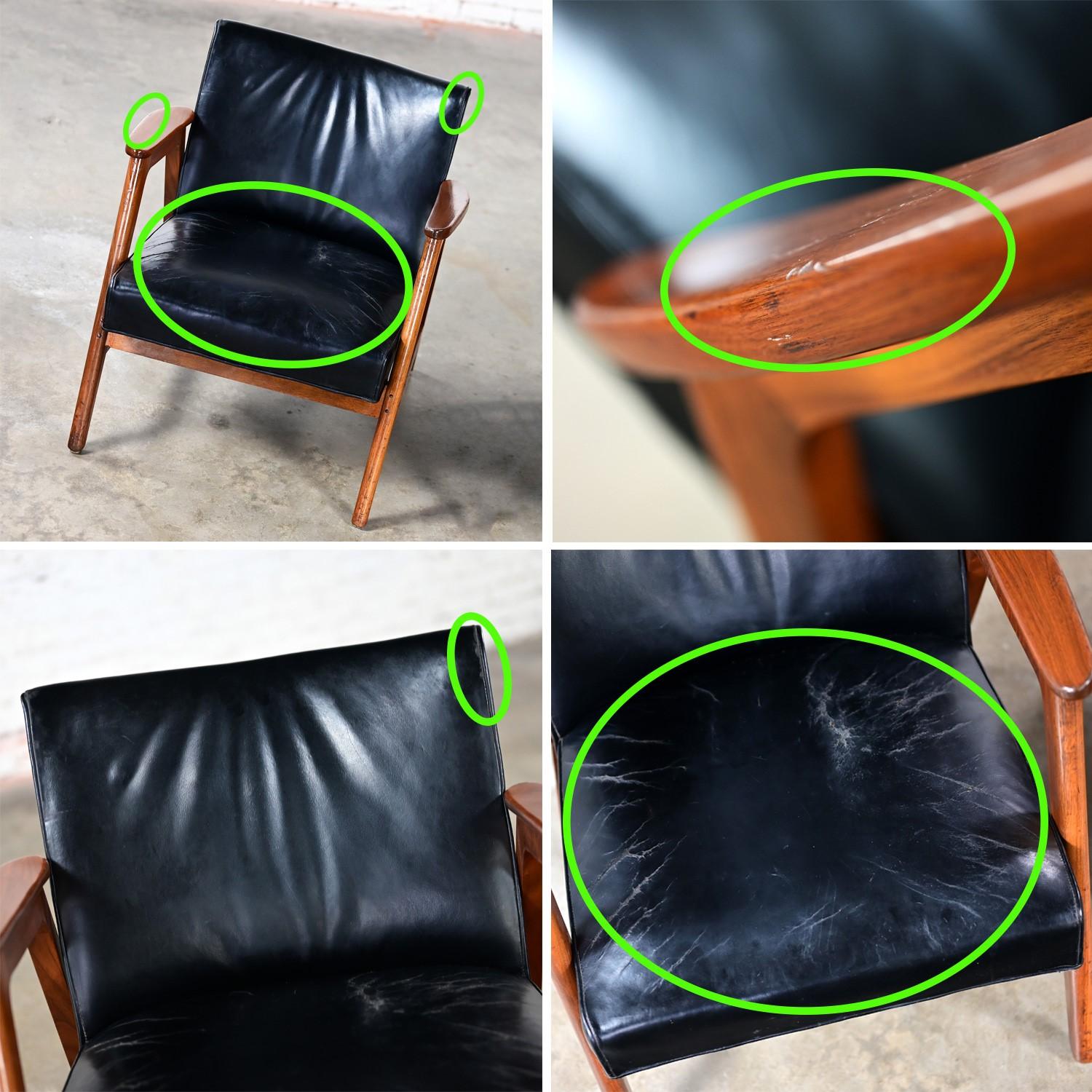 Pair Mid Century Modern Gunlocke Armchairs Black Leather with Walnut Frames 10