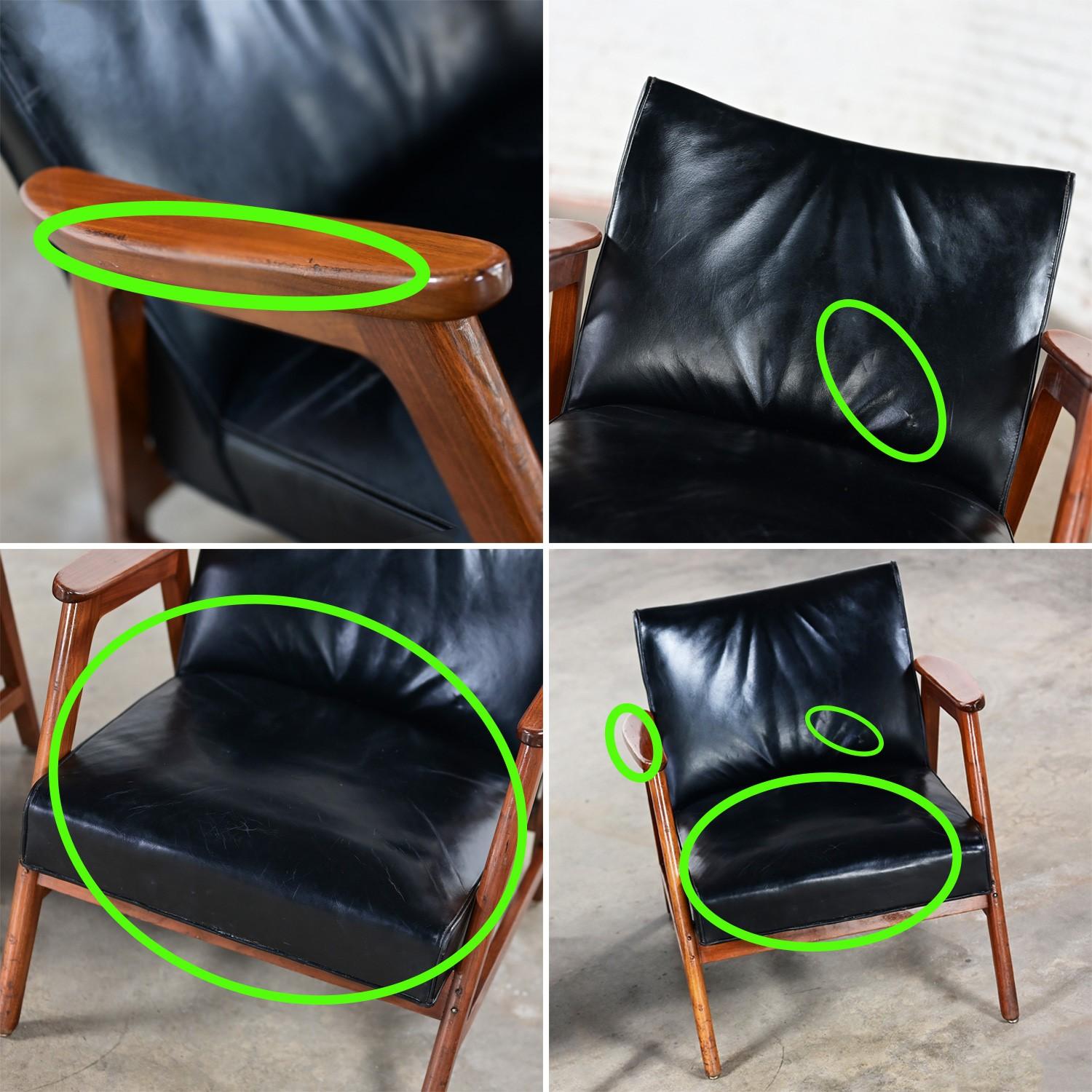 Pair Mid Century Modern Gunlocke Armchairs Black Leather with Walnut Frames 11