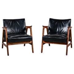 Pair Mid Century Modern Gunlocke Armchairs Black Leather with Walnut Frames
