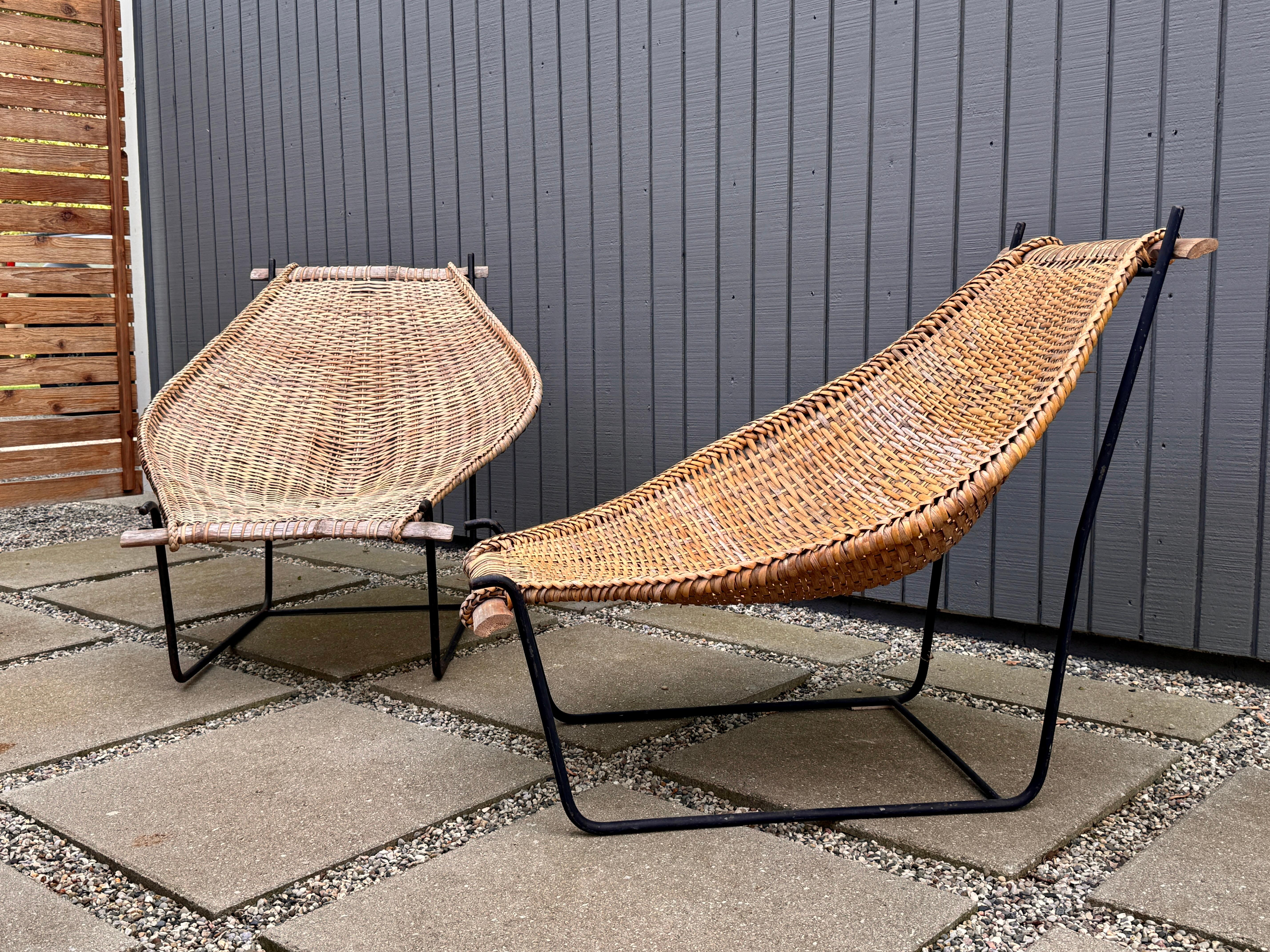 Mid-Century Modern Pair Mid Century Modern Iron and Rattan John Risley Duyan Lounge Chairs 1950s For Sale