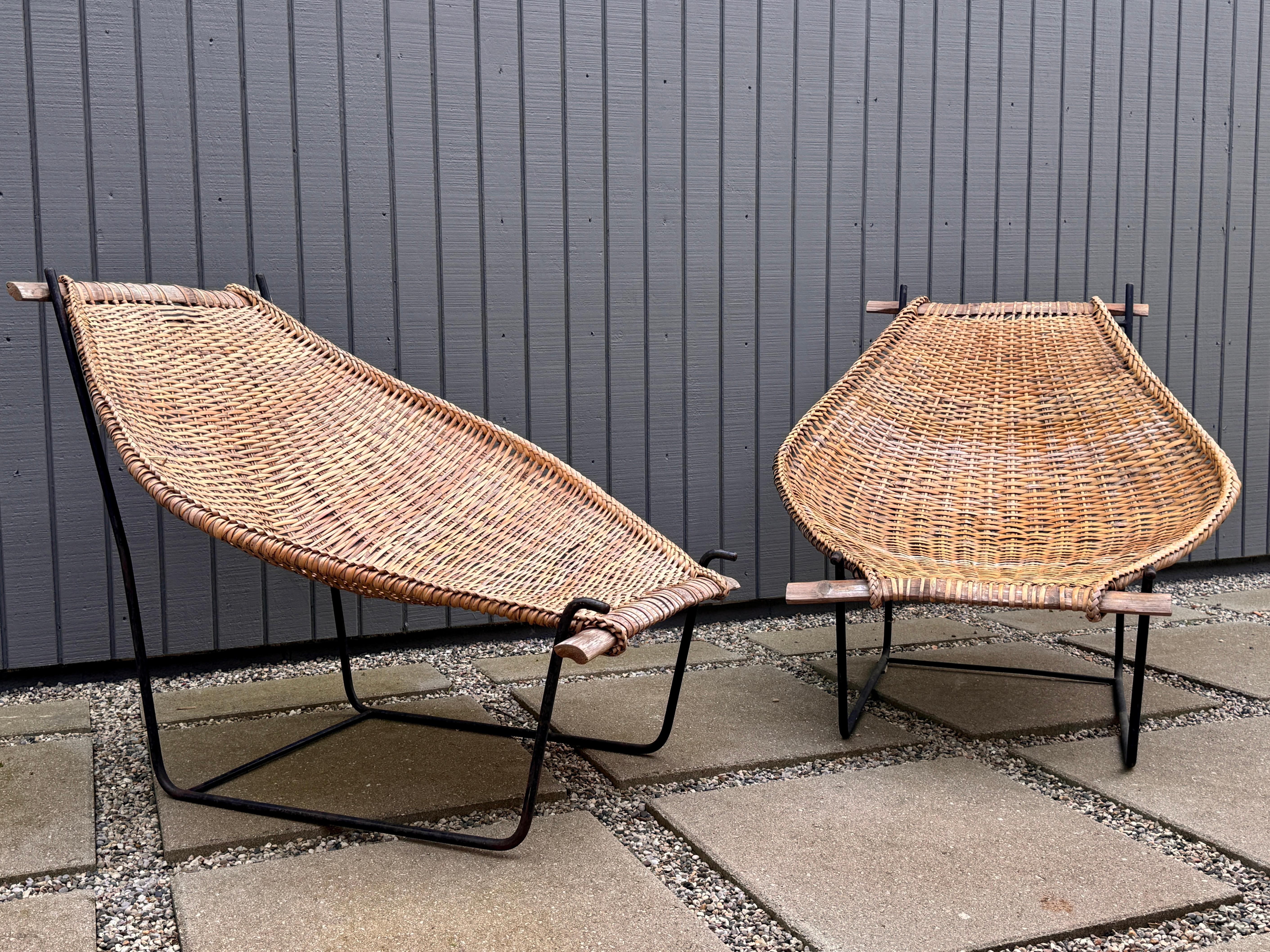 Pair Mid Century Modern Iron and Rattan John Risley Duyan Lounge Chairs 1950s For Sale 1