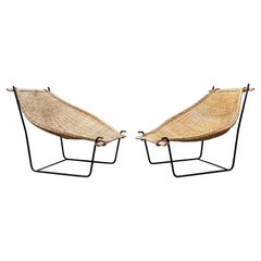 Pair Mid Century Modern Iron and Rattan John Risley Duyan Lounge Chairs 1950s