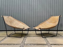 Pair Mid Century Modern Iron and Rattan John Risley Duyan Lounge Chairs 1950s