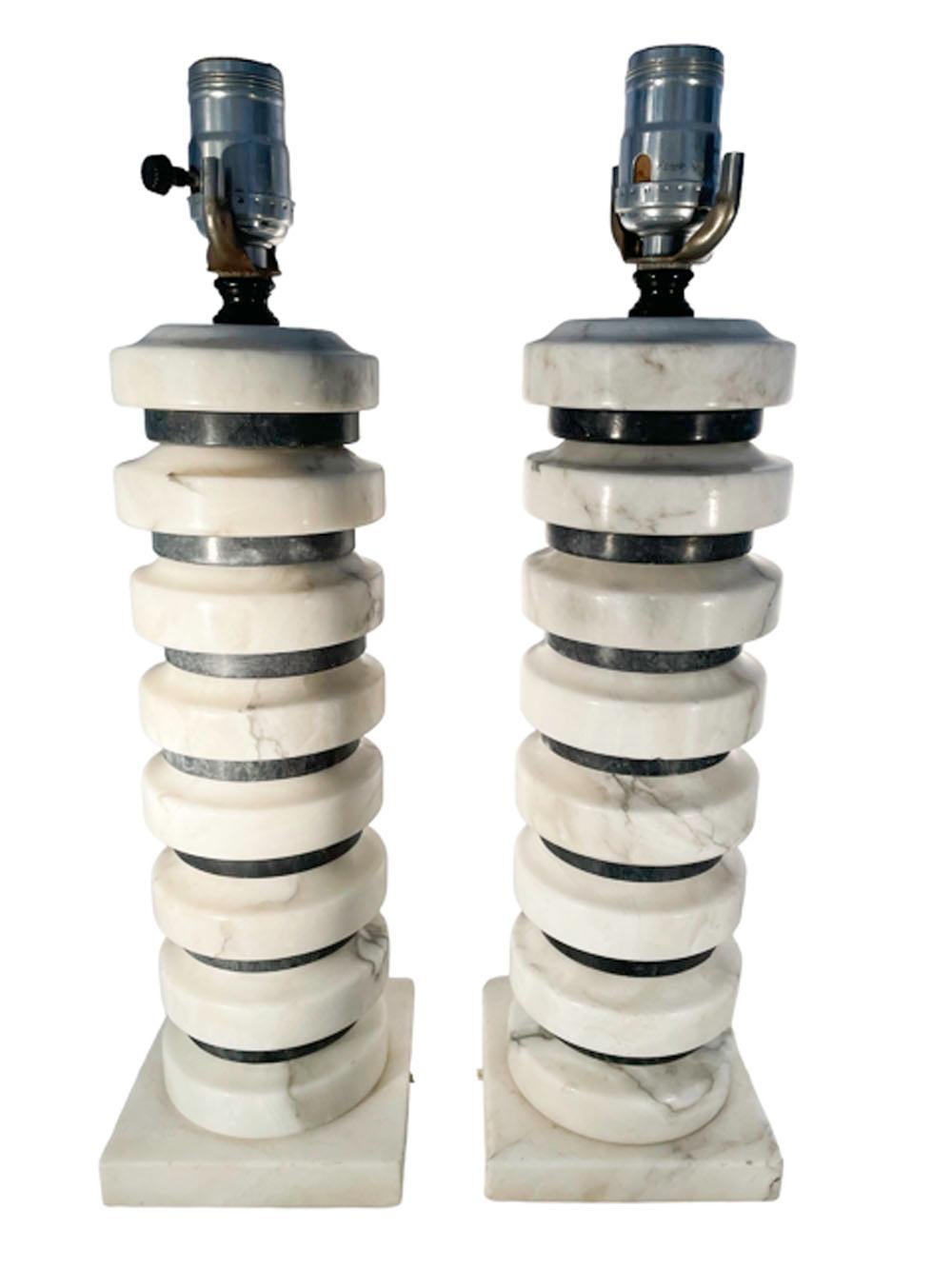 Pair Mid-Century Modern Italian Grey & White Stacked Alabaster Disk Table Lamps In Good Condition In Nantucket, MA