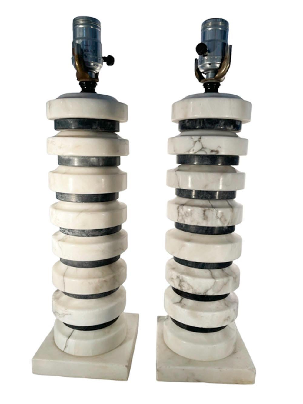 20th Century Pair Mid-Century Modern Italian Grey & White Stacked Alabaster Disk Table Lamps