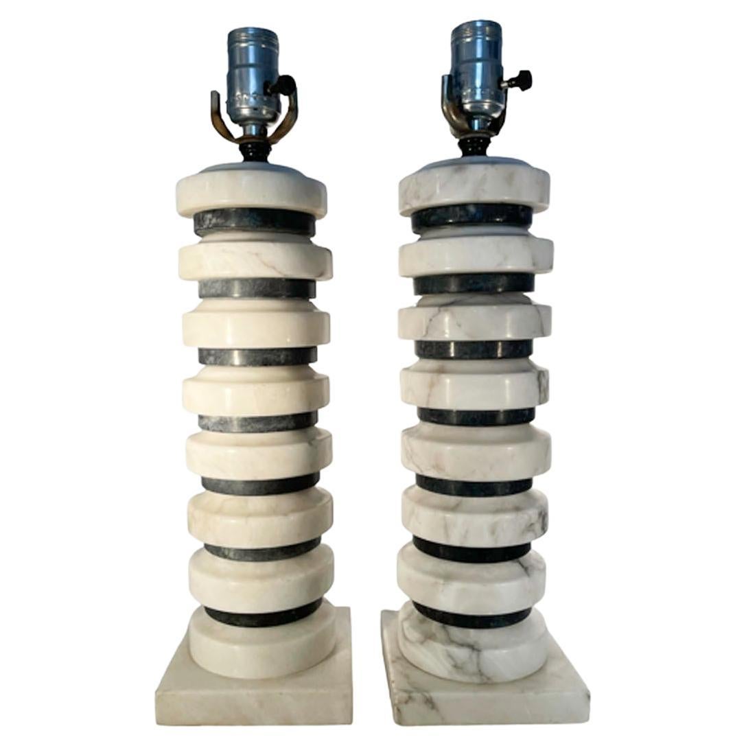 Pair Mid-Century Modern Italian Grey & White Stacked Alabaster Disk Table Lamps