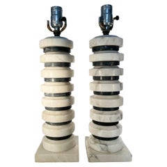 Retro Pair Mid-Century Modern Italian Grey & White Stacked Alabaster Disk Table Lamps