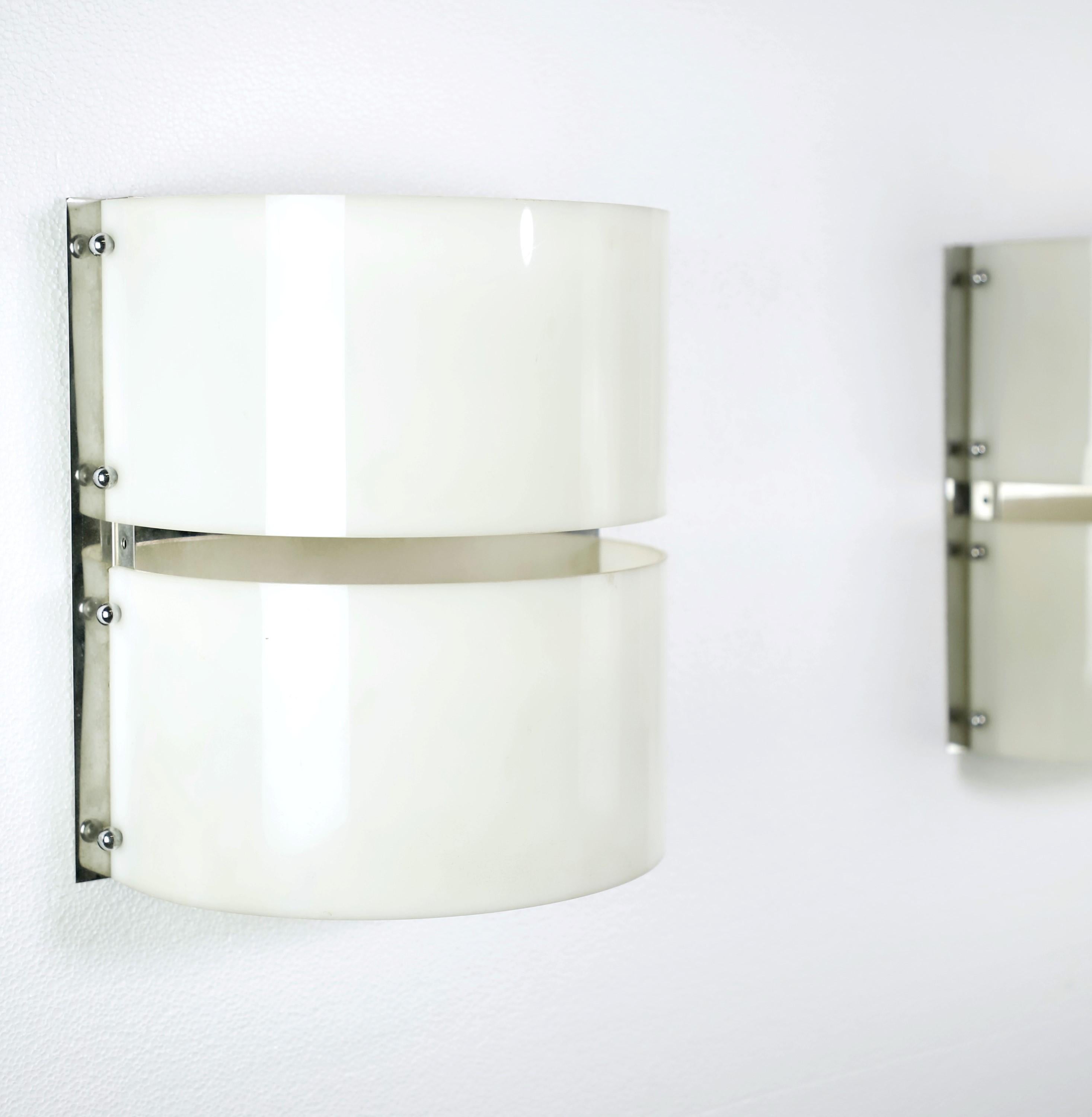 Polished Pair Mid-Century Modern Italian Lucite Nickeled Sconces