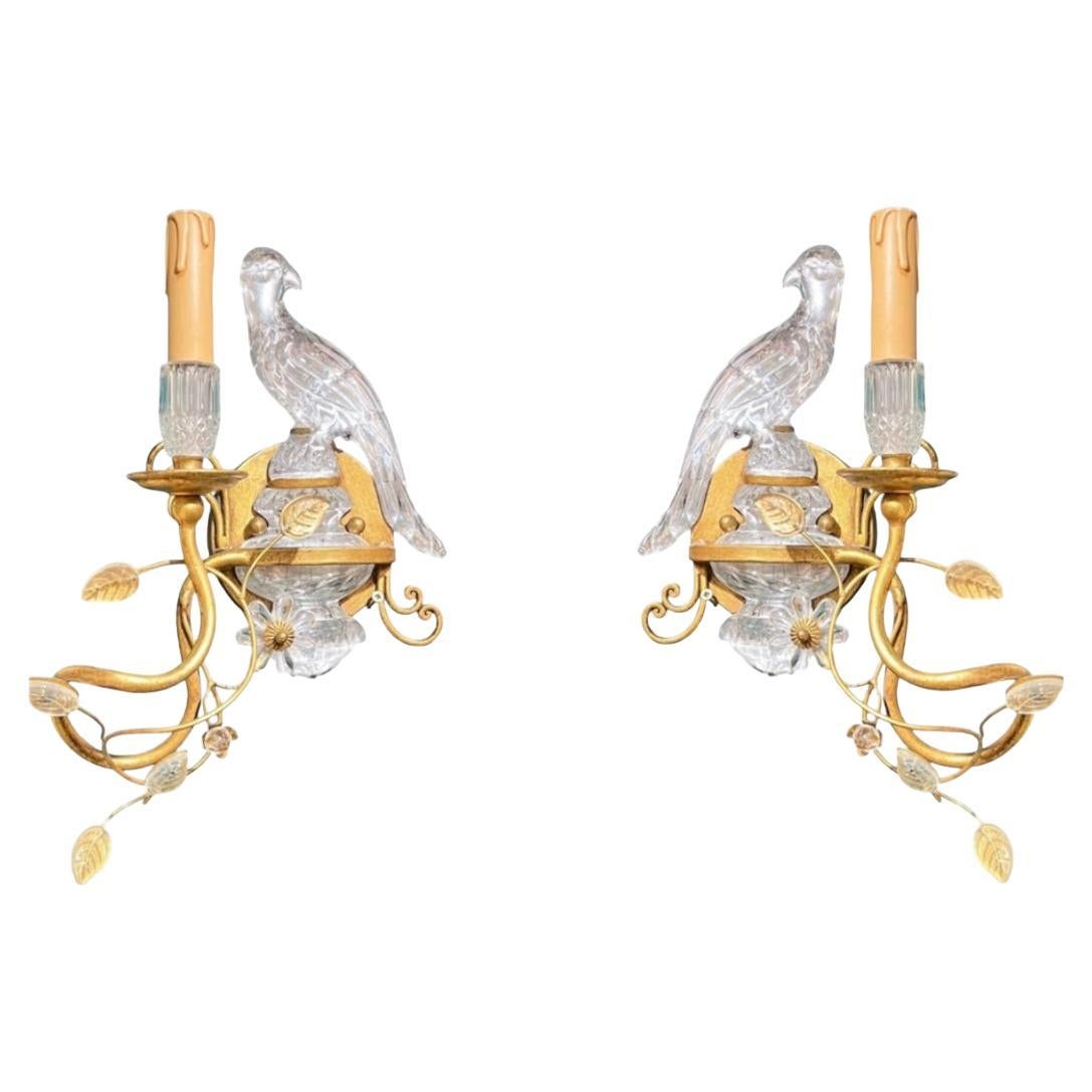 Pair Mid-Century Modern Italian Parrot Form Gilt Metal and Glass Sconces