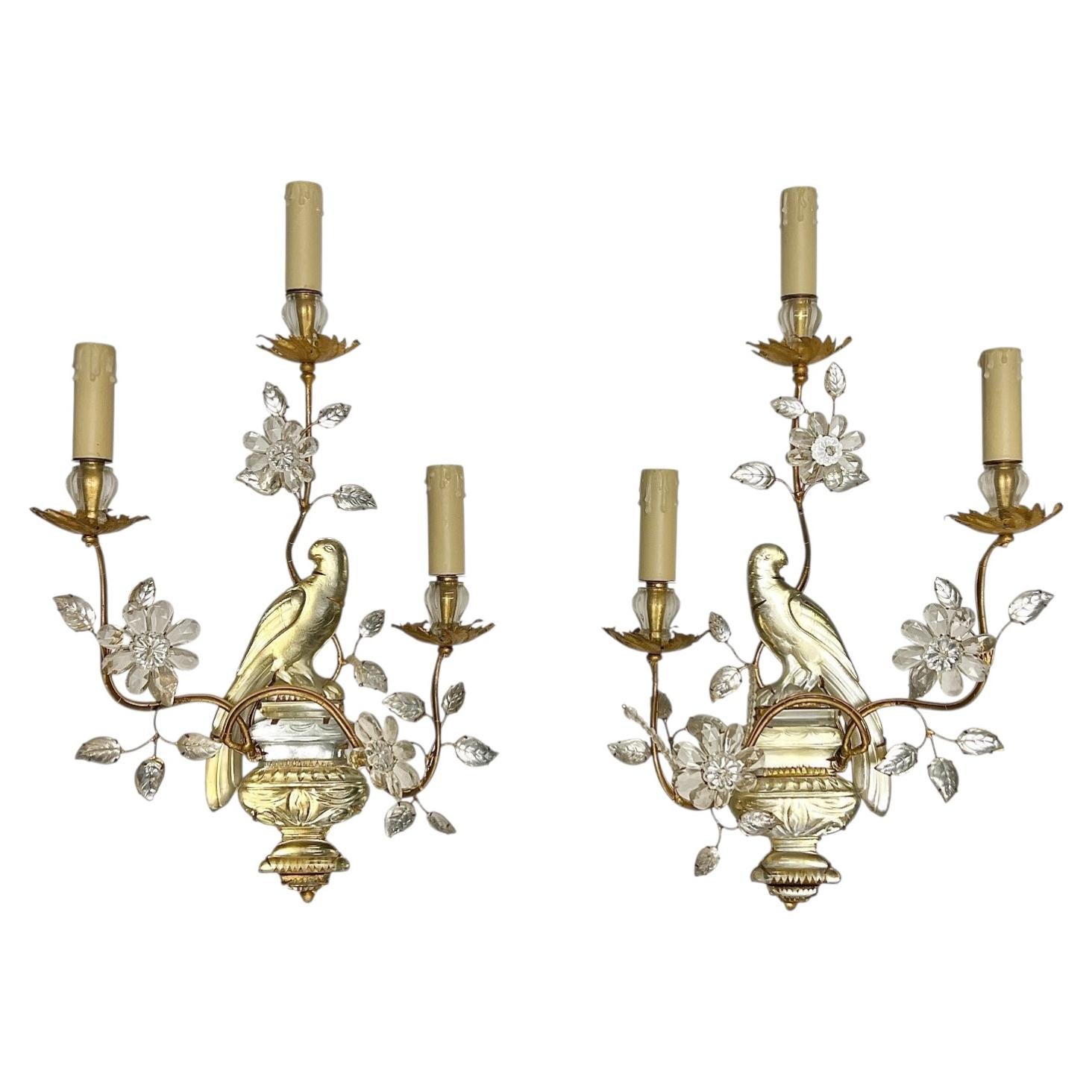 Pair Mid-Century Modern Italian Parrot Form Gilt Metal and Glass Sconces