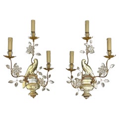 Pair Mid-Century Modern Italian Parrot Form Gilt Metal and Glass Sconces
