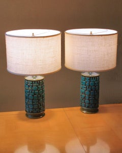 Paire ! Lampes de poterie italienne modernes du milieu du siècle dernier d'après Guido Gambone, bleu vert