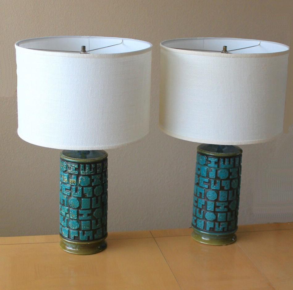 Mid-Century Modern Pair! Mid Century Modern Italian Pottery Lamps After Guido Gambone Blue Green For Sale