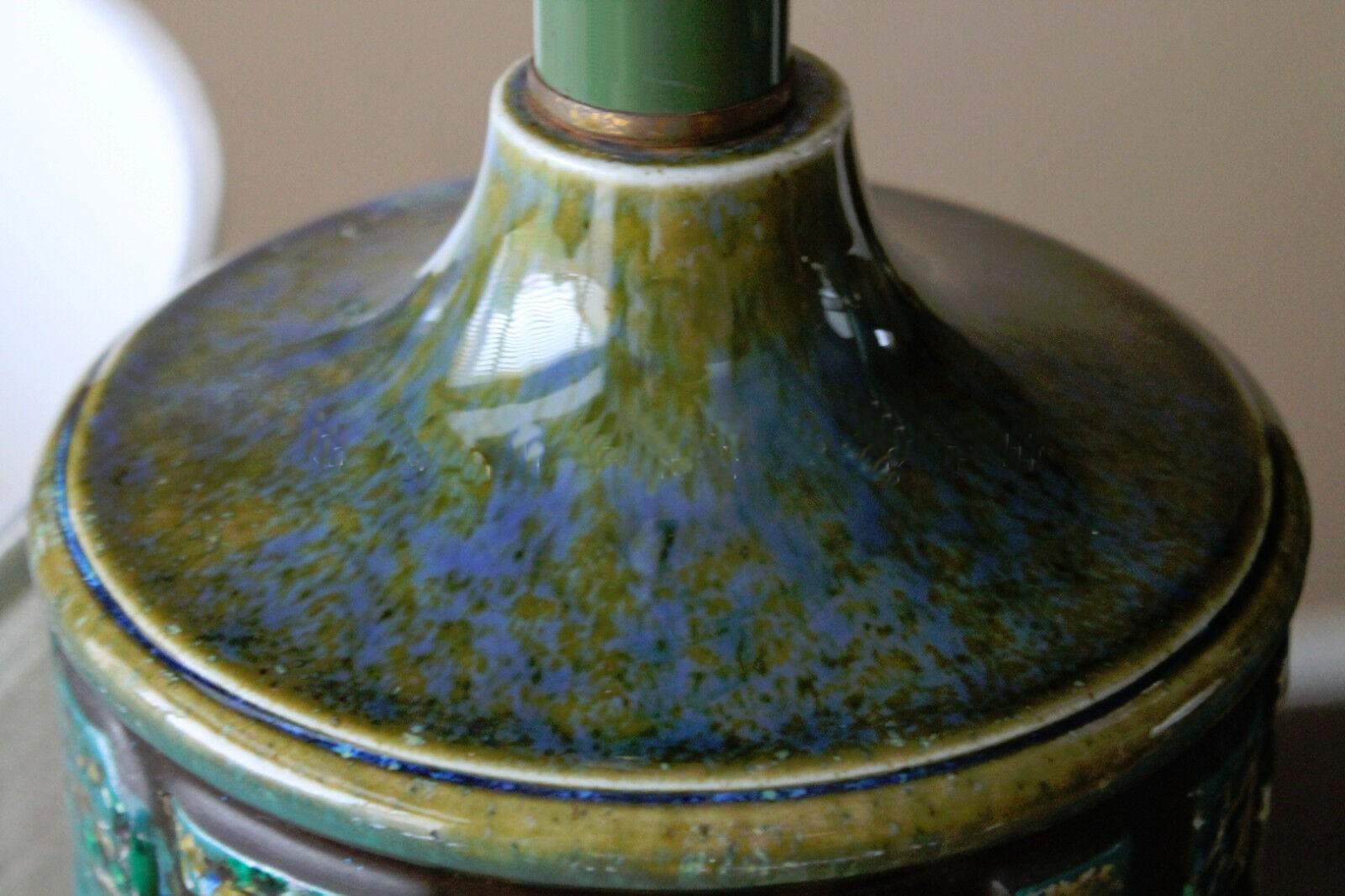 Pair! Mid Century Modern Italian Pottery Lamps After Guido Gambone Blue Green In Good Condition In Peoria, AZ
