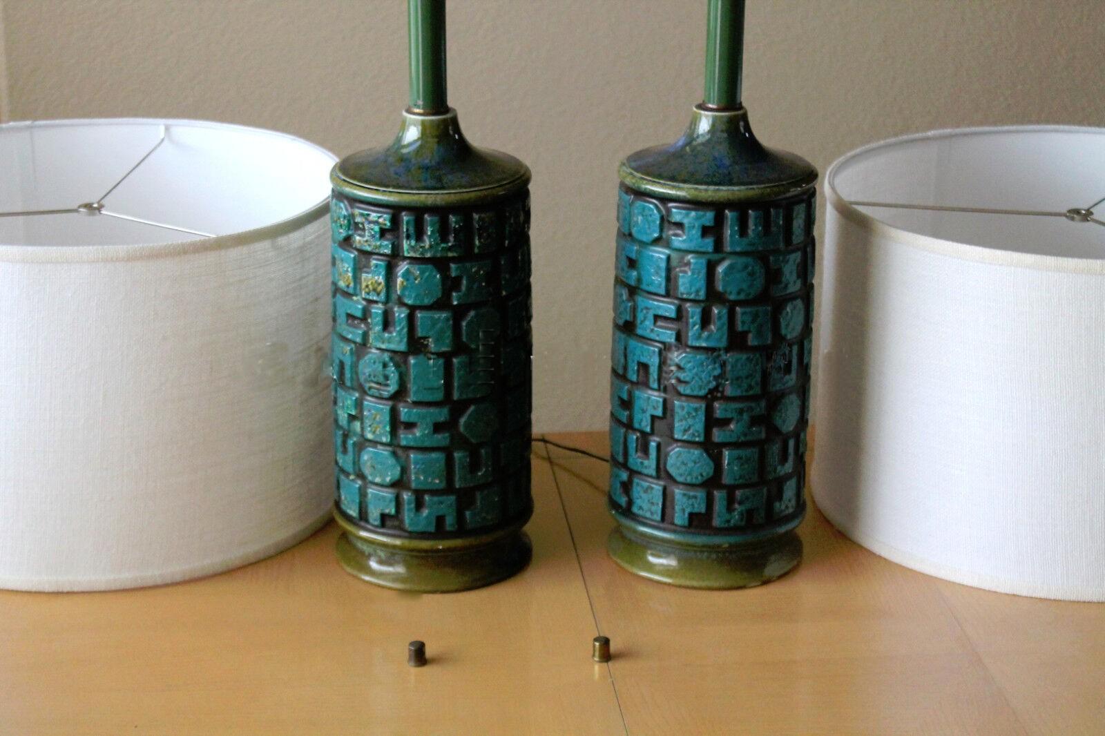 Metal Pair! Mid Century Modern Italian Pottery Lamps After Guido Gambone Blue Green For Sale