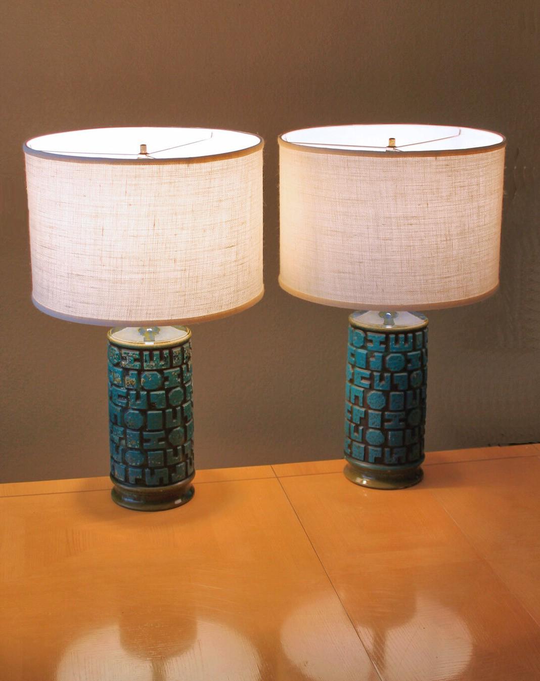 Pair! Mid Century Modern Italian Pottery Lamps After Guido Gambone Blue Green For Sale 1