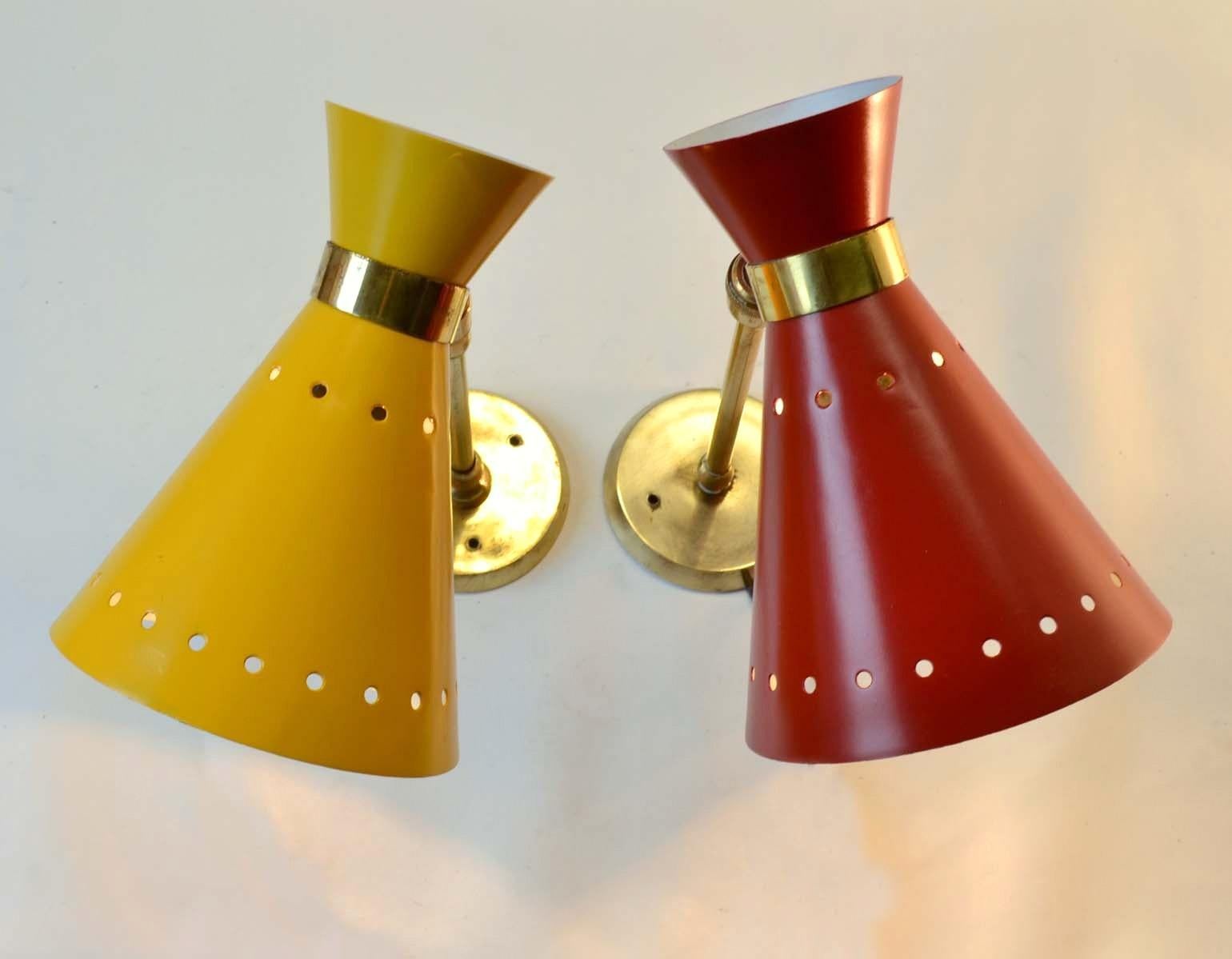 Pair of Mid-Century Modern Italian Red & Yellow Aluminum & Brass Diabolo Sconces 1