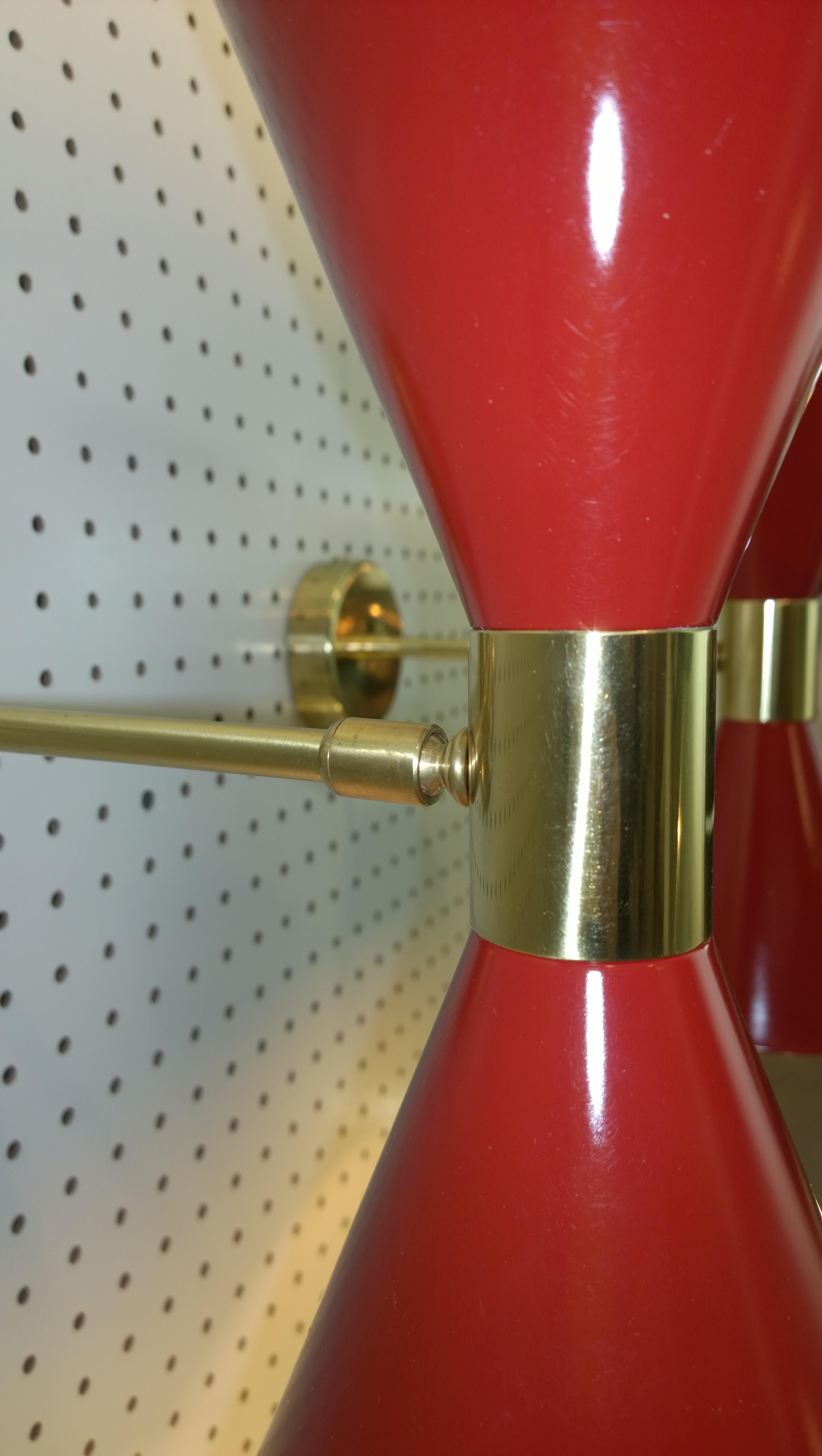 Pair of Stilnovo Red and White Enameled Aluminum with Brass Accents Sconces For Sale 8