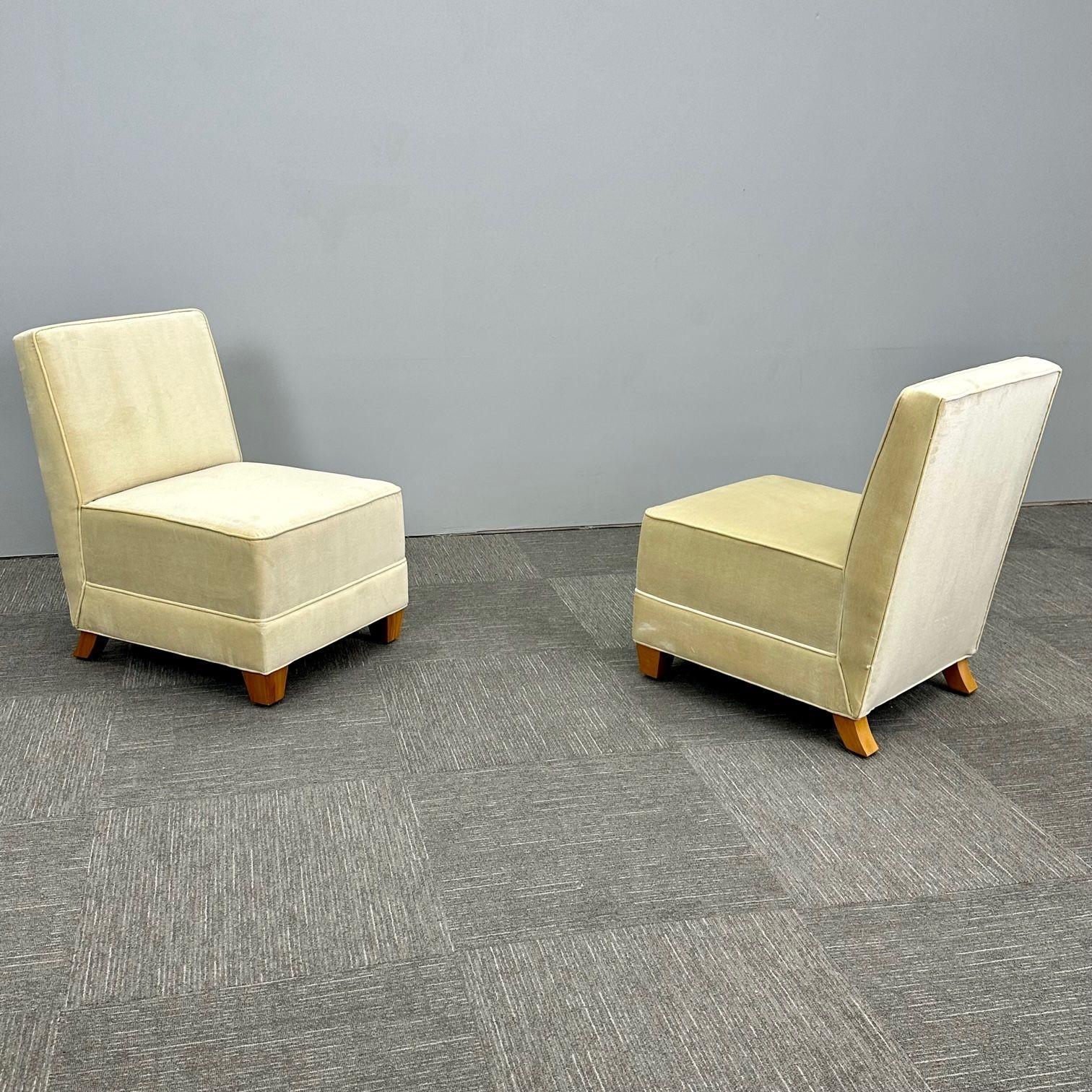 Pair Mid-Century Modern Jean-Michel Frank Style Lounge / Slipper Chairs, Mohair
 
Designed, developed and produced in our gallery's overseas workshops. Available to be custom made to order in a wide variety of different fabrics, sizes, and colors.