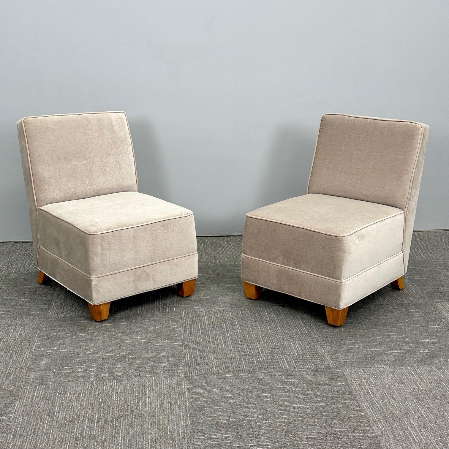 European Pair Mid-Century Modern Jean-Michel Frank Style Lounge / Slipper Chairs, Mohair For Sale