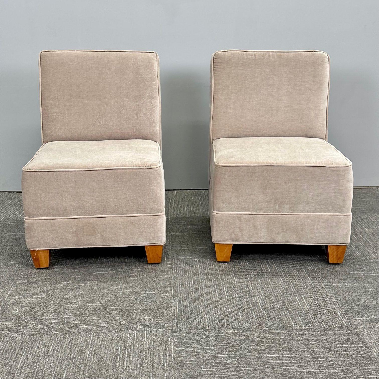 Pair Mid-Century Modern Jean-Michel Frank Style Lounge / Slipper Chairs, Mohair For Sale 1