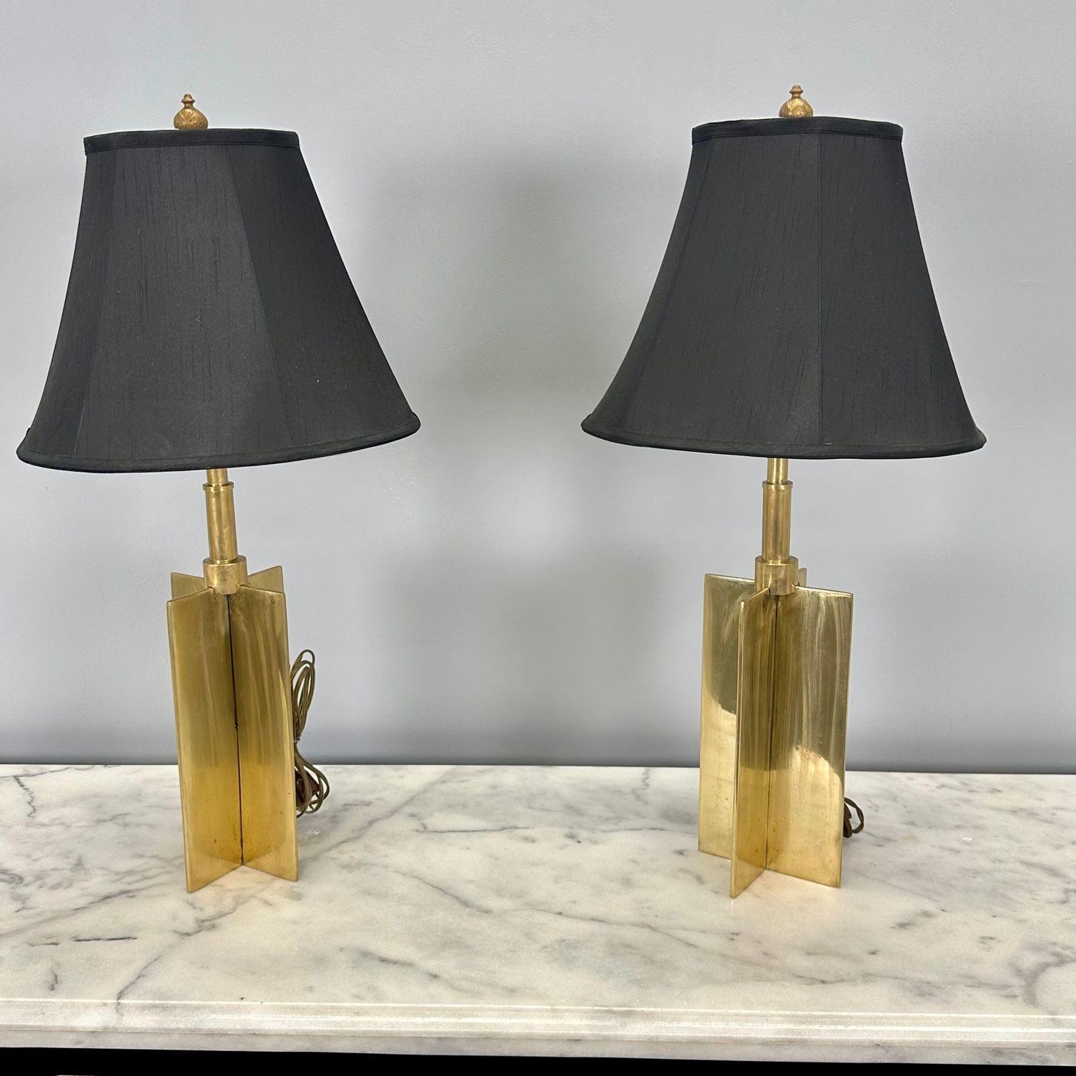 Mid-Century Modern Jean Michel Frank Style Solid Bronze Table / Desk Lamps
 
Pair of custom Croisillion lamps in The Jean Michel Frank Manner. These solid bronze X-form table lamps are simply stunning. The sleek and simplistic form reminiscent of